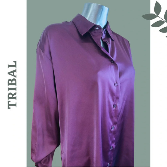 Tribal Black Orchid Long Sleeve Button Down  Satin Shirt Purple Collared - Picture 6 of 9